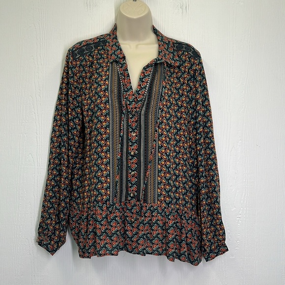 Anthropologie - Maeve Janie Flounced Colorful Print Blue Motif Blouse Size 6 - Picture 3 of 14